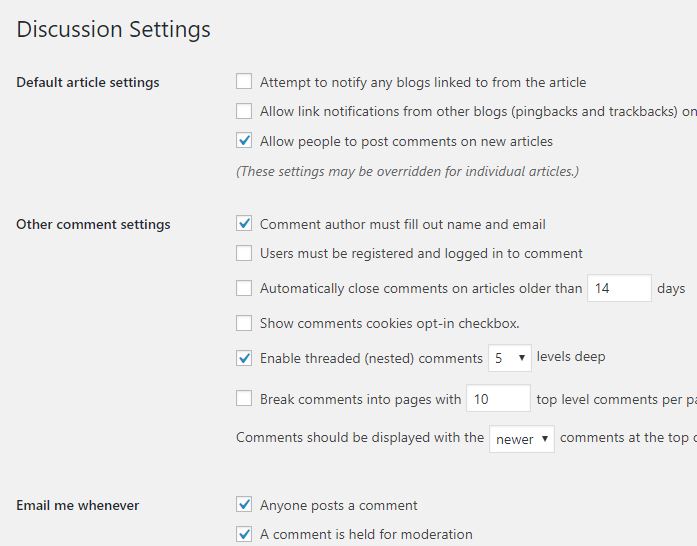 wp comment settings